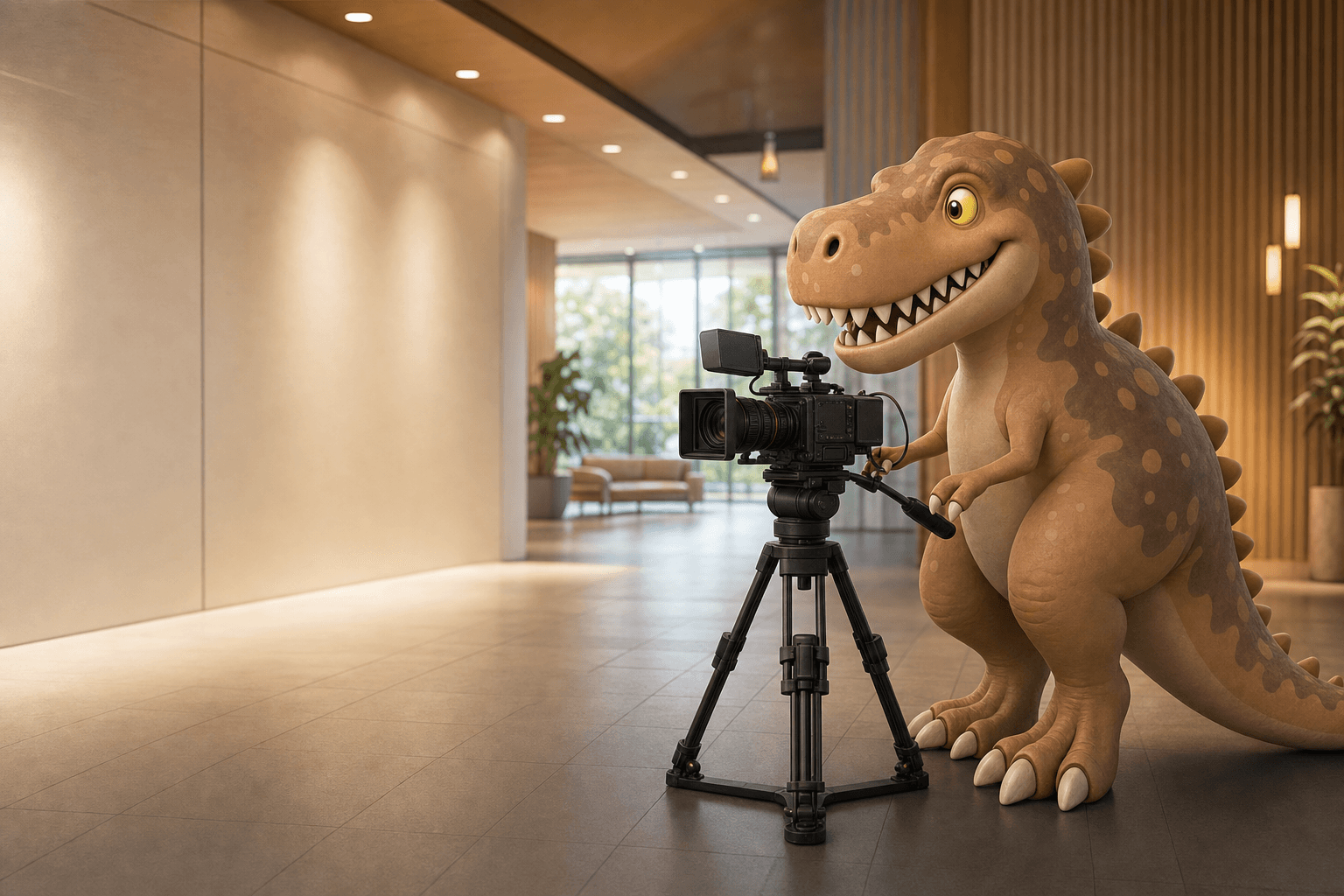 The Tokyo T-Rex mascot with a shoulder-mounted camera, shooting an employee-profile video package in a bright, modern corporate office