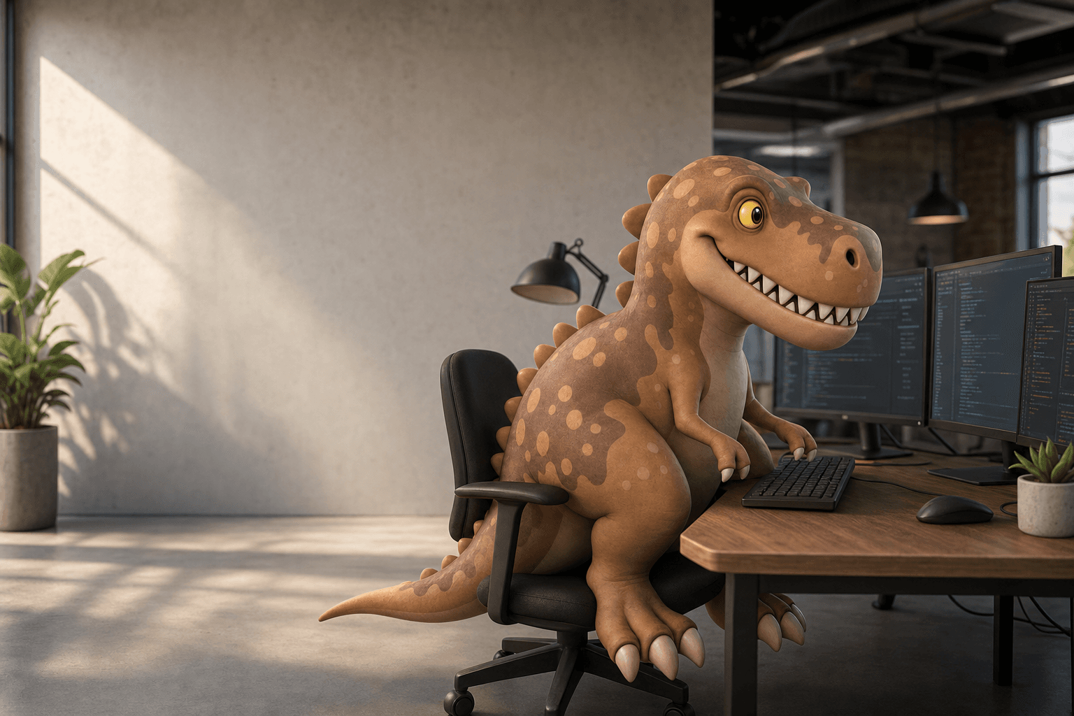 The Tokyo T-Rex mascot typing at a bright desk surrounded by monitors showing code and app screens