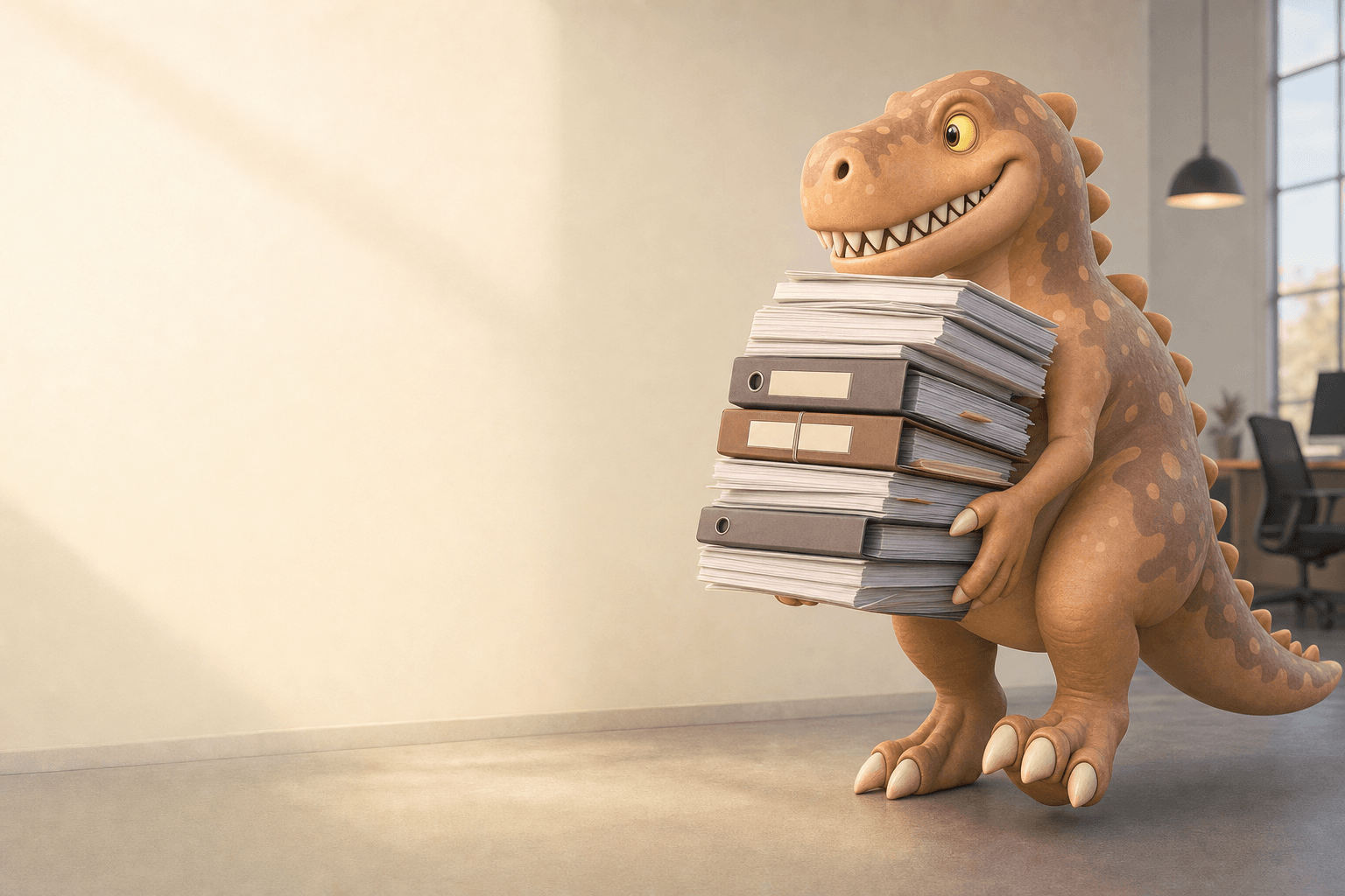 The brown Tokyo T-Rex mascot running alongside a partner carrying a stack of paperwork, helping support the application together