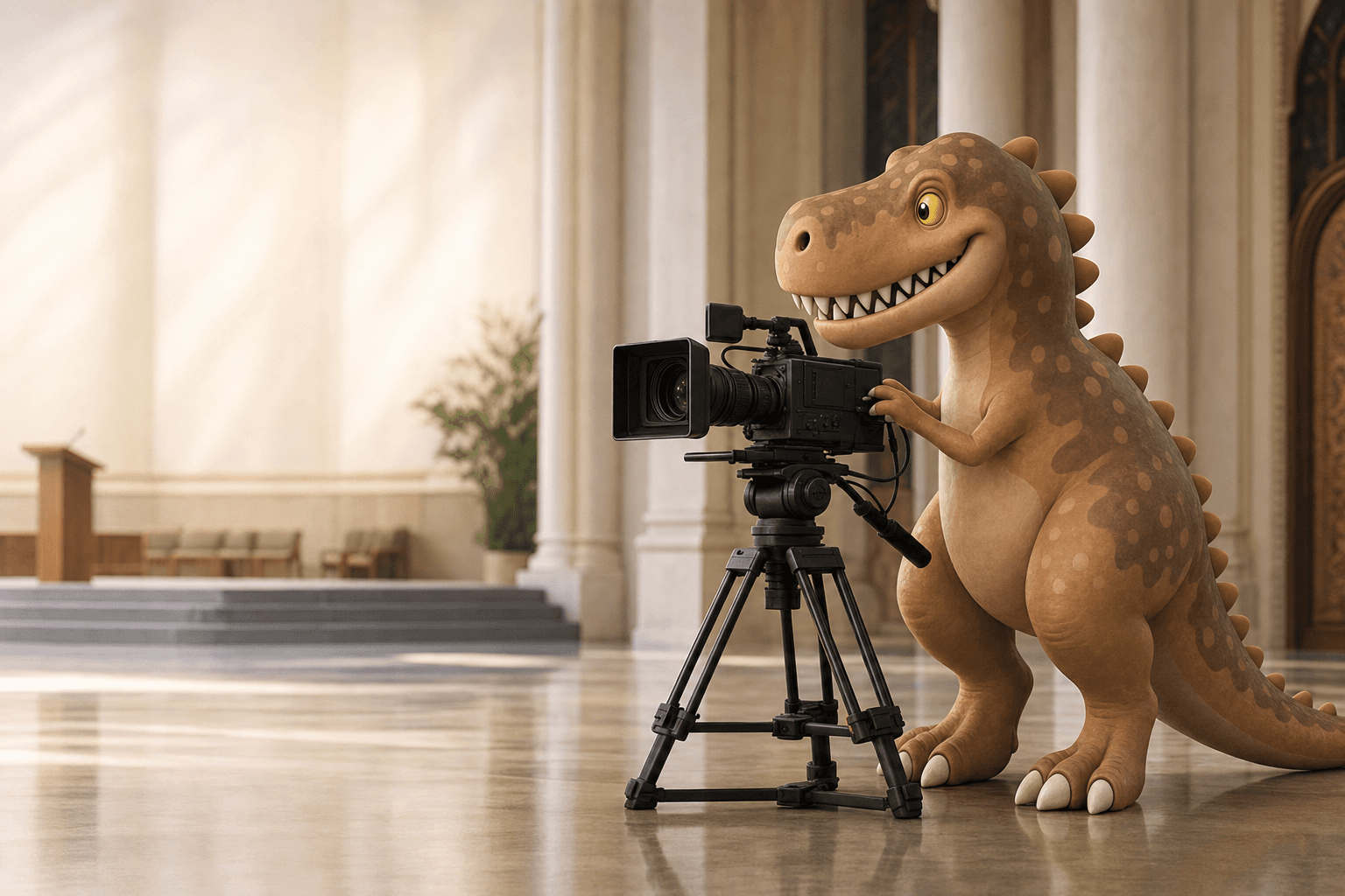 品格のある明るい式典ホールで三脚のカメラを丁寧に構え、行政映像を撮影する東京ティラノサウルスのマスコット